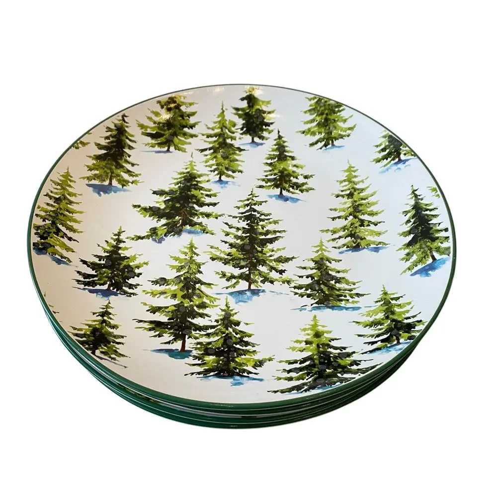 Global Design Christmas Dinner Plates 10.5in Set of 4 Holiday Pine Trees NEW